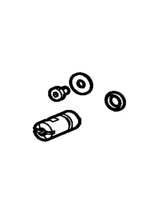 Illustration eines Absperrventils mit mehreren separat dargestellten Komponenten, darunter eine schraubbare Verbindung und Dichtungsringe, möglicherweise von der Marke HANSA.